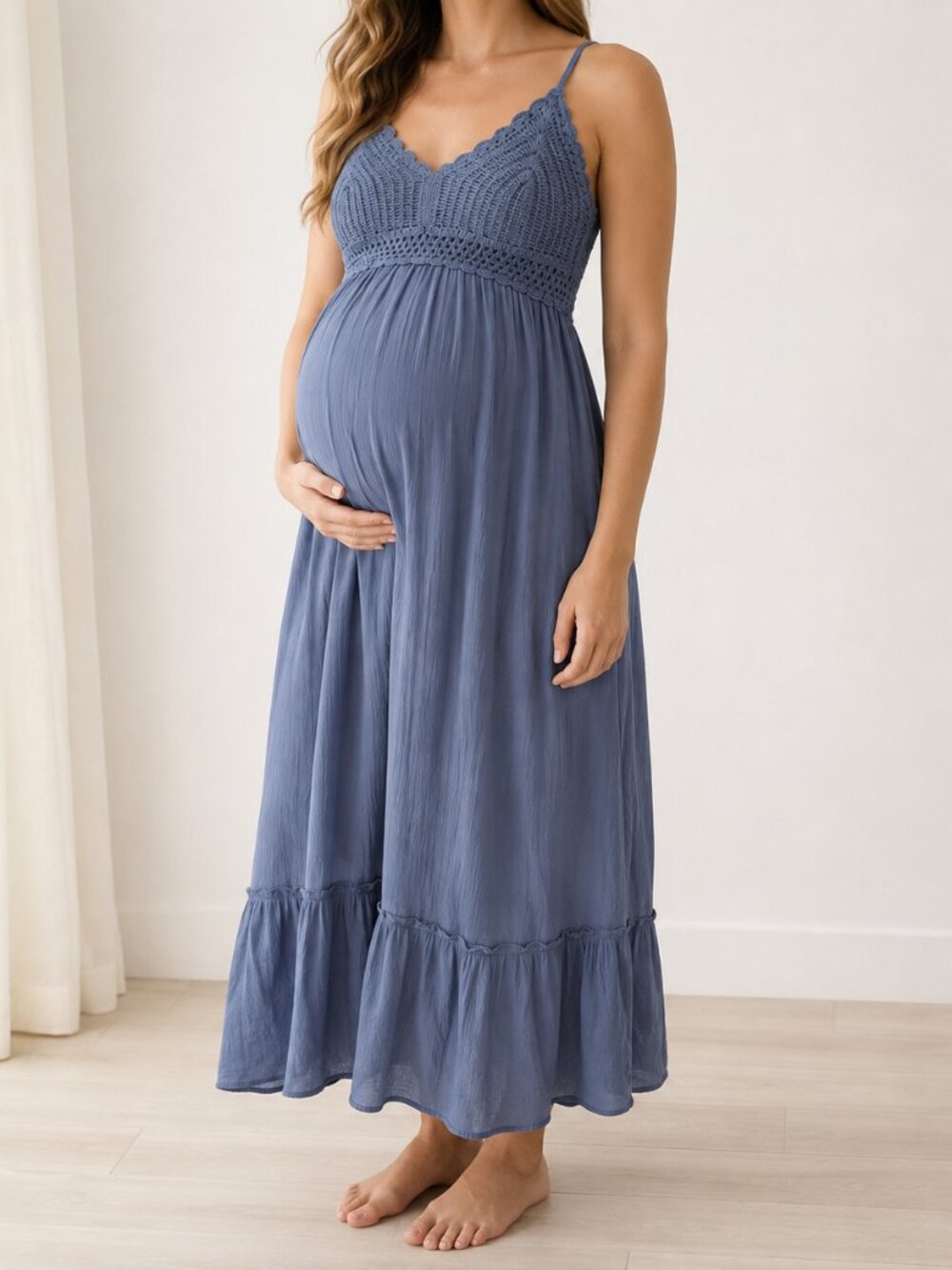 Dusty Blue Crochet Maternity Maxi Dress L NWT